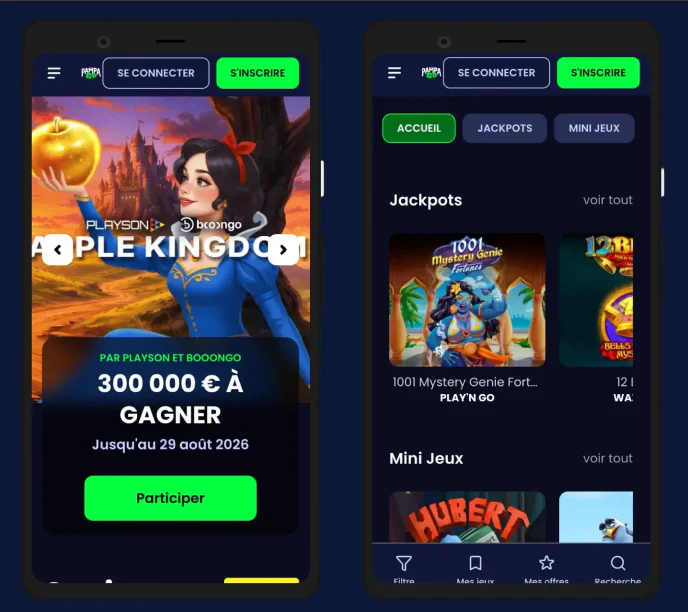 Catalogue de Pampago Casino sur mobile avec machines à sous, jackpots et mini-jeux