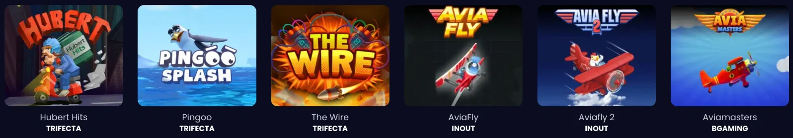 Mini-jeux sur Pampago Casino : Hubert Hits, Pingoo, The Wire, AviaFly et Aviamasters